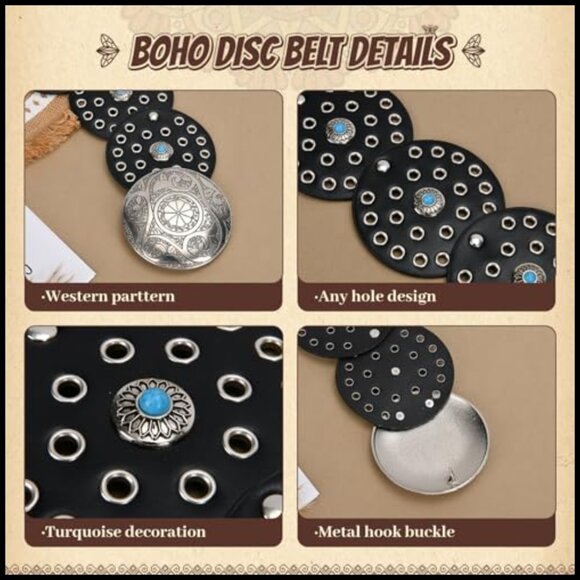 Western Boho Cowgirl Wide Disc Belt Faux Leather Turquoise Concho Waist Belt main image 5